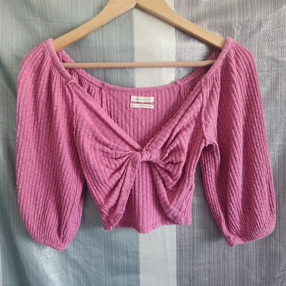 Urban Outfitters Pink Ribbed Knot Front Balloon Sleeve Crop Top Womens M Fairy